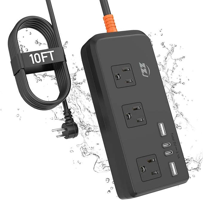 Outdoor Power Strip Weatherproof, IPX6 Waterproof Surge Protector with 3 AC Outlets and 2USB A&2USB C, 10FT Extension Cord, Wall Mountable for Indoor Outdoor, UL FCC Listed