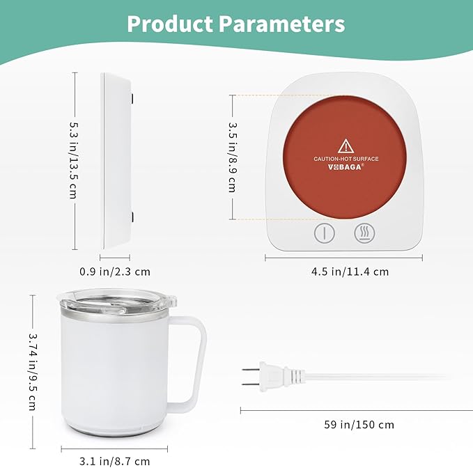 VOBAGA Coffee Warmer & Mug Warmer for Home Office Home Desk Use, Electric Cup Beverage Warmer with 3 Temperature Settings for Tea, Water, Cocoa with Auto Shut Off After 4 Hours (White Warmer Set)