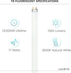 LUXRITE F17T8/835 17W 24 Inch T8 Fluorescent Tube Light Bulb, 3500K Natural White, 1350 Lumens, G13 Medium Bi-Pin Base, LR20751, 6-Pack