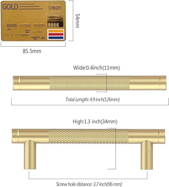 Amerdeco 10 Pack Gold Knurled Cabinet Pulls 3.75 Inch Center to Center Kitchen Cabinet Handles for Drawer Dresser, Cupboard and Wardrobe ZH0031