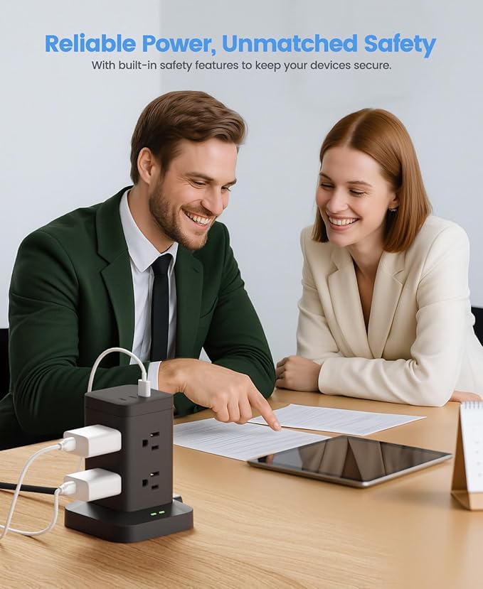 Power Strip Tower with Surge Protector 1800J, Fast Charging Tower PD20W USB-C Ports with 8 AC Outlets, 6ft Extension Cord for Home Office Dorm Room, Black