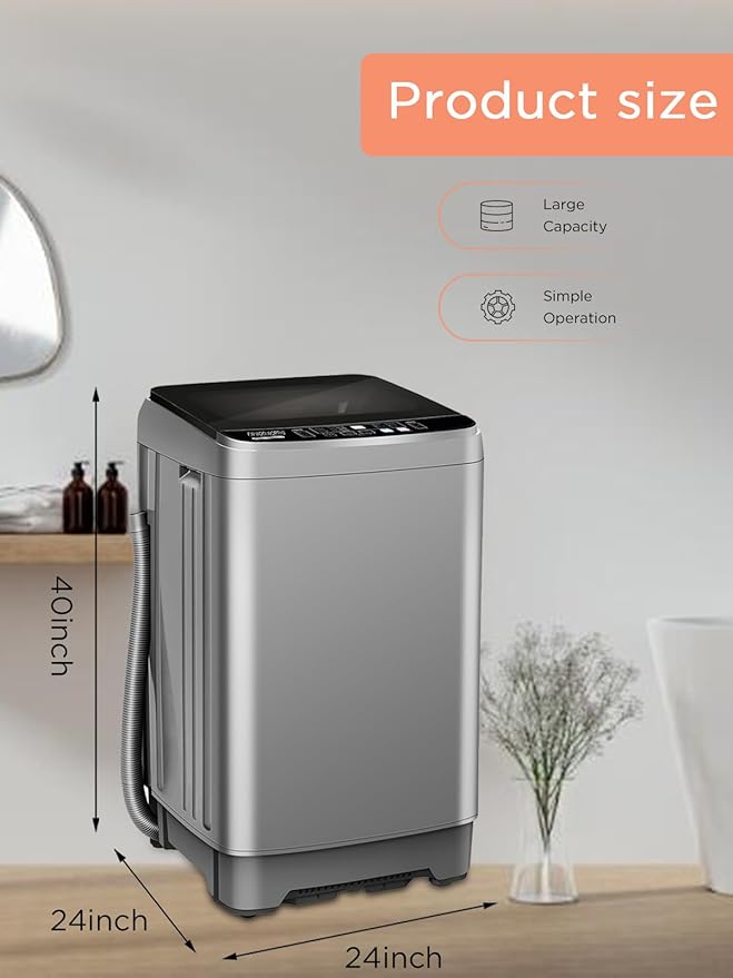 25 lbs Washing Machines with 10 Program 8 Water Level, Full Automatic Washer with Drain Pump & LED Display for Home, Apartment, Dorm, Grey