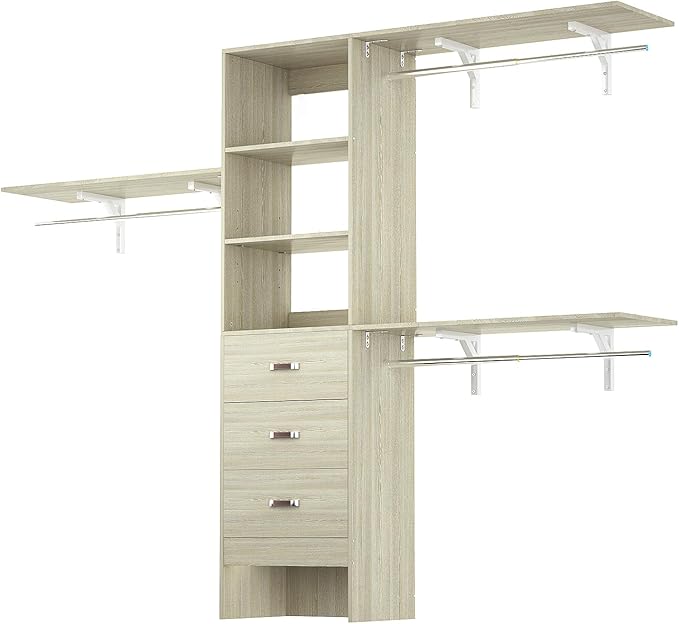 8FT Closet System, 96'' Closet Organizer System with 3 Hanging Rods, Wall Mount Bedroom Wardrobe with 3 Drawers Walk-in Closet, Adjustable Garment Rack from 5 to 8FT(Cut to Fit), White Oak