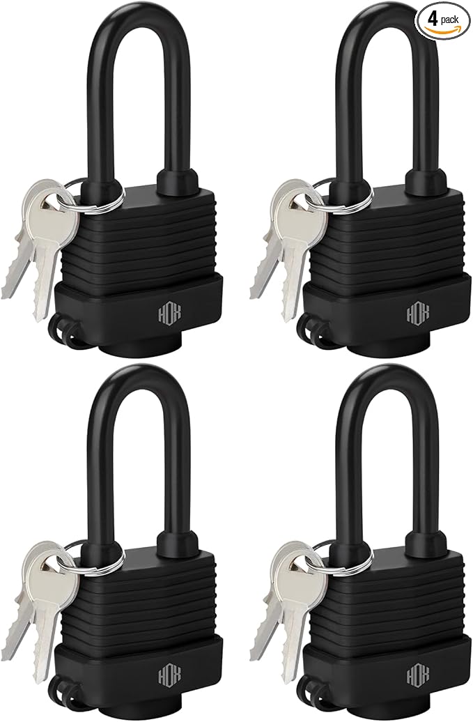 HOX 4-Pack Weather Resistant Padlocks – 40mm Laminated Steel, Chrome Plated with 2-inch Shackle, Vinyl Wrapped, Hardened Steel for Extra Security