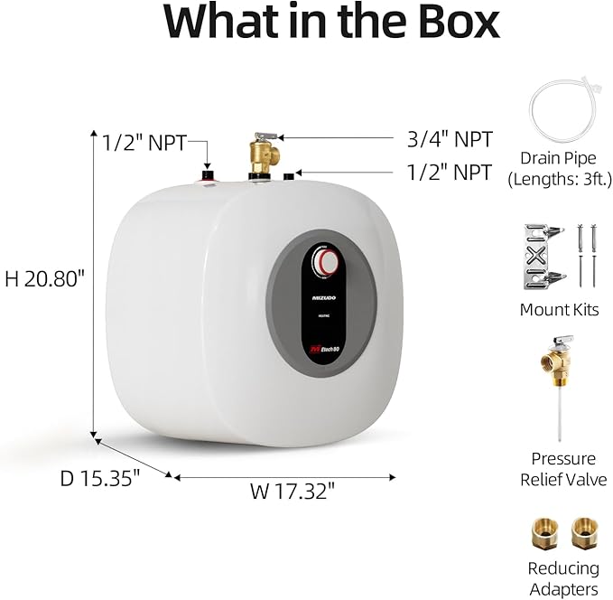 MIZUDO Electric Mini Tank Water Heater - 8.0 Gallon Point of Use Instant Hot Water Heater for RV, Camper, Kitchen, Food Truck, 120V 1440W, Under Sink, Wall or Floor Mounted, Easy to Install