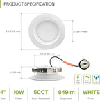 ASD 4 Inch Retrofit LED Recessed Lighting | Metal Trim White 10W 849LM 120V 2700K-5000K Adjustable Ceiling Downlights | Triac Dimmable Wet Rated Room Can Lights, ETL Energy Star, 6 Pack