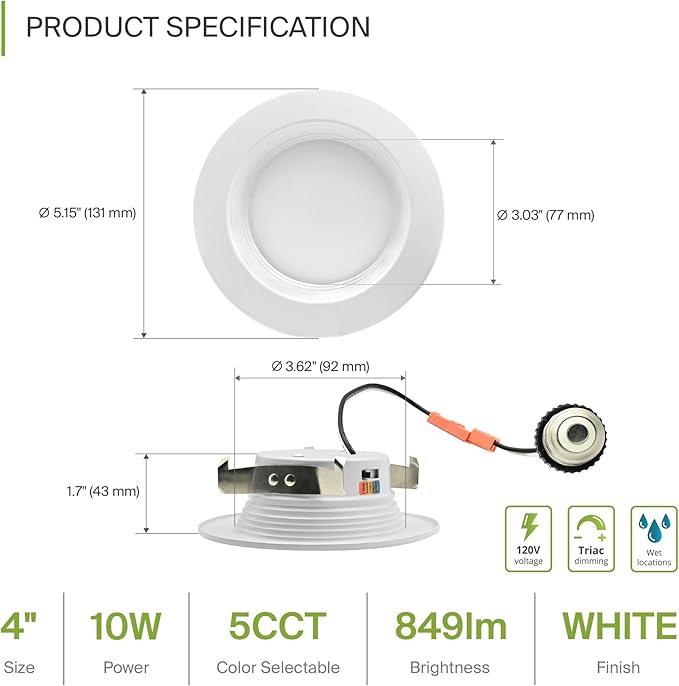 ASD 4 Inch Retrofit LED Recessed Lighting | Metal Trim White 10W 849LM 120V 2700K-5000K Adjustable Ceiling Downlights | Triac Dimmable Wet Rated Room Can Lights, ETL Energy Star, 12 Pack