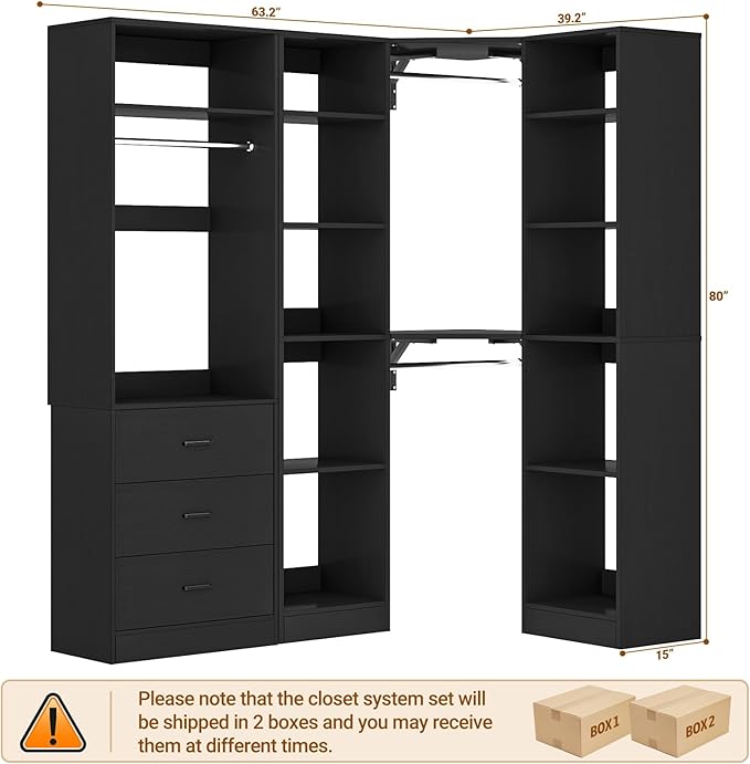 Corner Closet System with 3 Drawers, Corner Closet Organizer System with 13 Shelves & 3 Hanging Rods, 63.2"L * 39.2"W Reversible L Shaped Walk-in Closets, Load 2000+LBS, Black