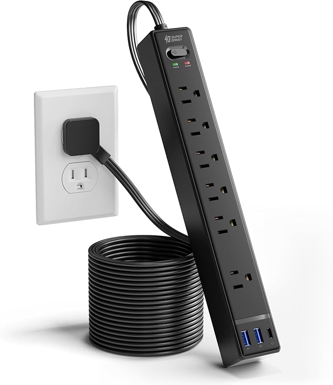 10Ft Extension Cord with Multiple Outlets, SUPERDANNY Flat Plug Surge Protector Power Strip with 3 USB Ports & 6 Outlets, 10 Ft Long Cord, Black Charging Station for Home Office, Dorm Room Essentials