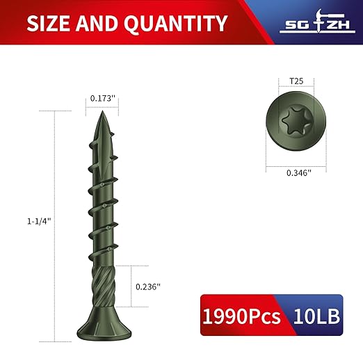 #8 x 1-1/4" Deck Screws (1990Pcs) 10lb. Carbon Steel, Green, Flat Head, Rust Resistant epoxy Coated, with T25 Star Bit