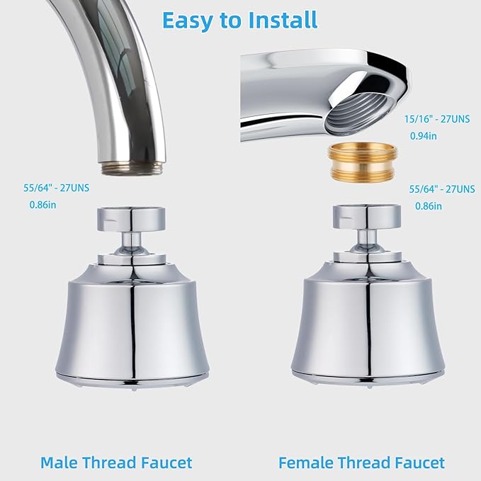 iFealClear Kitchen Sink Faucet Head with Metal Ball Joint, 360° Swivel Faucet Sprayer Head, Big Angle Sink Faucet Aerator Adapter 55/64-27UNS Female Thread, 4 Spray Modes, Extra Brass Adapters, Chrome