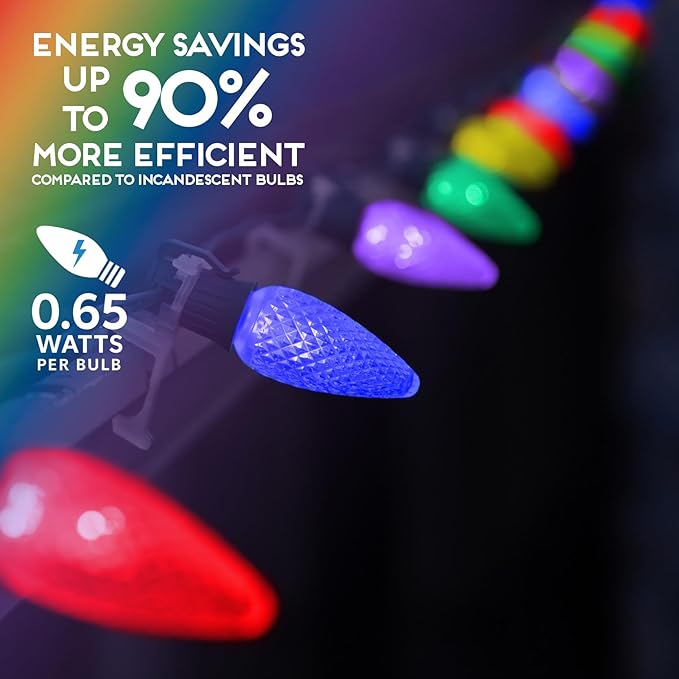 HLO Lighting Set of 500 C9 LED Christmas Lights | Multi-Colored (R, G, B, Y, P) C9 LED Light | Faceted Bulbs for Indoor & Outdoor Use | Christmas Outdoor Décoration