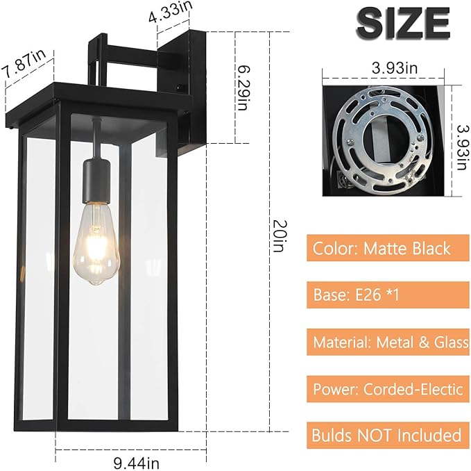 tewei 2 Pack Dusk to Dawn Large Outdoor Wall Lantern, 20 Inch Black Exterior Wall Light Fixtures, Large Porch Light with Clear Shade Sensor Modern Outdoor Sconce Lights for House Garage, E26 Base