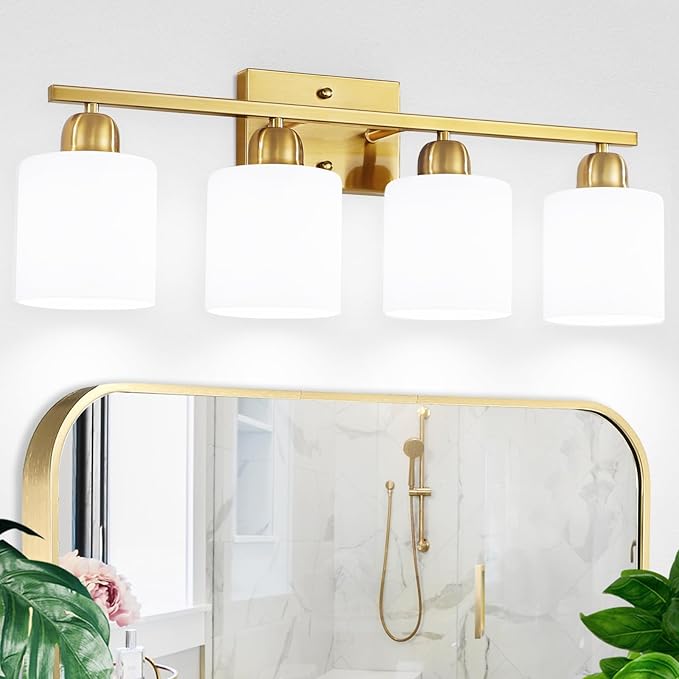 4 Light Gold Light Fixture Bathroom, Brushed Gold Vanity Light with Milky White Frosted Glass Shades, Lights for Bathroom Mirror for Living Room Bedroom Hallway E26 Base