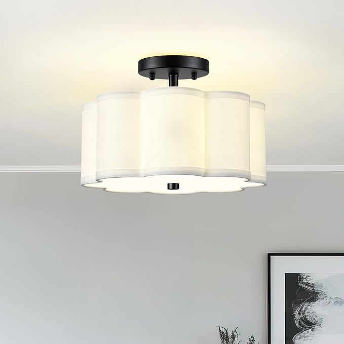 Semi Flush Mount Ceiling Lights, 3-Light 13" Ceiling Light Fixtures with Fabric Shade in Flower Shape, Matte Black Drum Lighting for Nursery Hallway Bedroom Kitchen, AD-22007-3SF-BK