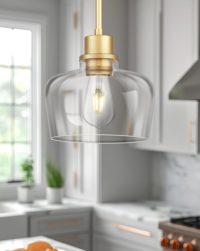 Emak 8 Inch Pendant Lights Kitchen Island, 2 Pack Gold Pendant Light Fixtures with Clear Glass Shade, Modern Island Lights for Kitchen, Dining Room, Bathroom, PL122-GD-CG-2PK