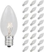 Novelty Lights Christmas Replacement Bulbs - Outdoor Individual Bulbs for Events, Holiday Parties, Patios, and More - C7/E12 Candelabra Base, 5 Watt Lights (Clear, 25 Pack)