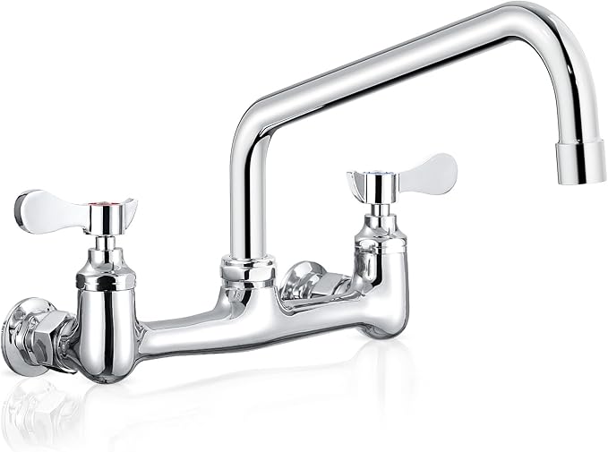 Wall Mount Commercial Sink Faucet with 8" Swivel Spout, 8" Center Wall Mount Kitchen Faucet, Dual Handles Brass Utility Sink Faucet for Laundry Room Restaurant