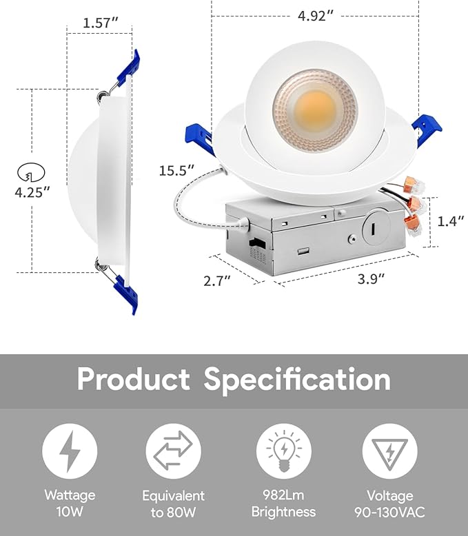 Adetu 4 inch Gimbal led recessed Lights, 360°+90° Adjustable Directional Recessed Lighting, 2700K/3000K/3500K/4000K/5000K Dimmable Retrofit Eyeball Can Lights with Jbox, ETL