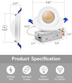 Adetu 4 inch 5CCT Gimbal Led Recessed Lights, 360°+90° Adjustable Directional Recessed Lighting, 2700K/3000K/3500K/4000K/5000K Dimmable Retrofit Eyeball Can Lights with Jbox, ETL(White, 6 Pack)