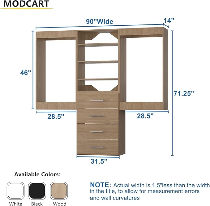 Modular Closet System, 90" Wide Closet Organizer System with Hanging and Drawers, Wood Tower Closet Storage for Walk In Closets, Wall Mounted Wardrobe Organizer Kit System, Bedroom, Wood