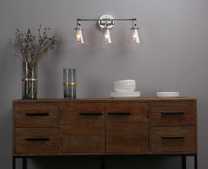 Phansthy 3-Light Wall Sconces Antique Brass Vanity Light, Industrial Wall Lamps with On Off Switch and Clear Glass Lampshade, Vintage Wall Lighting for Bathroom Living Room (Chrome, Cone Shade)