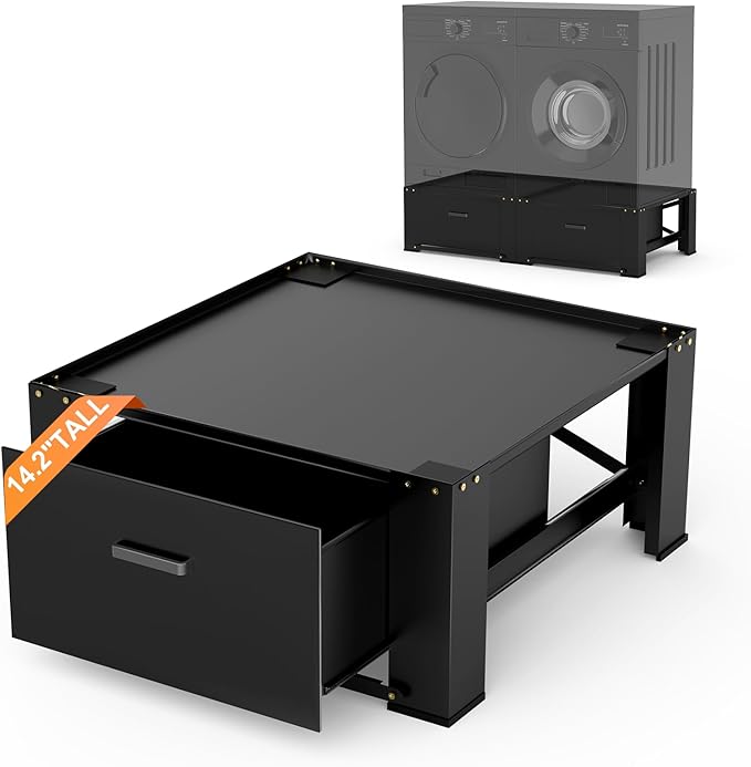 SKM Washer and Dryer Stand - 28" Laundry Pedestals for Washing Machine and Dryer with Top Panel, Heavy Duty Steel Pedestal Raiser, 14.2 Inches Height Elevation in Black