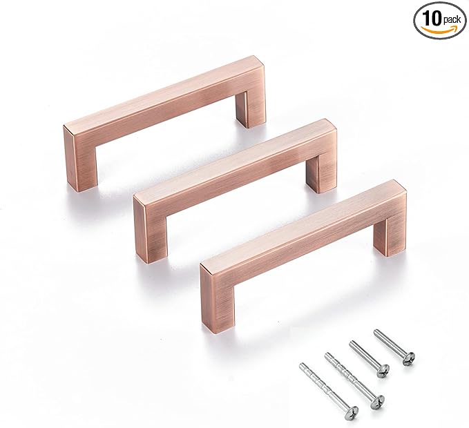 10 Pack Kitchen Cabinet Handles 3 3/4 Inch Hole Center Antique Copper Drawer Pulls Stainless Steel Square Cabinet Pulls Drawer Knobs Cupboard Handles