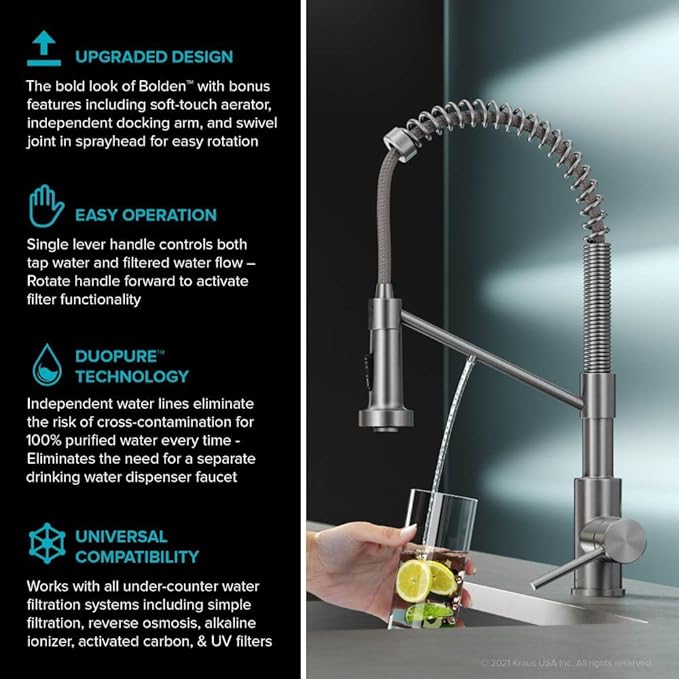 KRAUS Bolden 2-in-1 Commercial Style Pull Down Single Handle Water Filter Kitchen Faucet for Reverse Osmosis or Water Filtration System in Spot-Free Stainless Steel, KFF-1610SFS