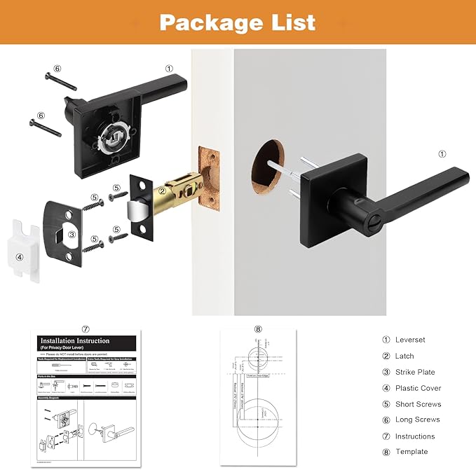 Probrico Privacy Black Door Handle Interior Lockset Heavy Duty Square Door Lever for Bedroom or Bathroom Reversible Keyless Slim Handleset Door Knob 10Pack