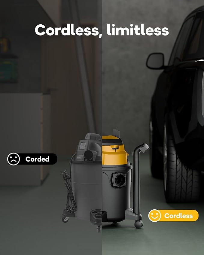 DeForce Cordless Shop Wet Dry Vacuums for DeWalt 20V Max Battery, 5.2-Gallon Portable Shop Vac, 17000Pa with Hose Nozzles HEPA Filters Wheels for Home Projects & Renovations, Mustard(No Battery)