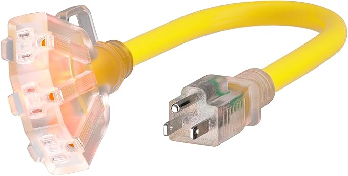 1 FT 12/3 Gauge Outdoor Extension Cord with Multiple Outlets Light Indicator, Flexible Weatherproof 3 Outlet Heavy Duty Extension Cord Waterproof Yellow, 15A 1875W 12AWG SJTW, ETL Listed