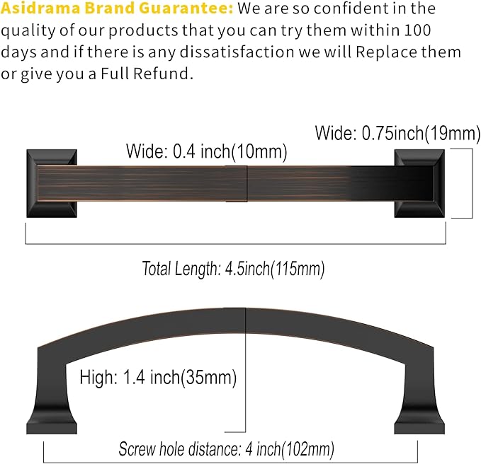 Asidrama 10 Pack 4 Inch(102mm) Hole Centers Kitchen Cabinet Handles, Oil Rubbed Bronze Cabinet Pulls Kitchen Cabinet Hardware for Cupboard Drawer Pulls
