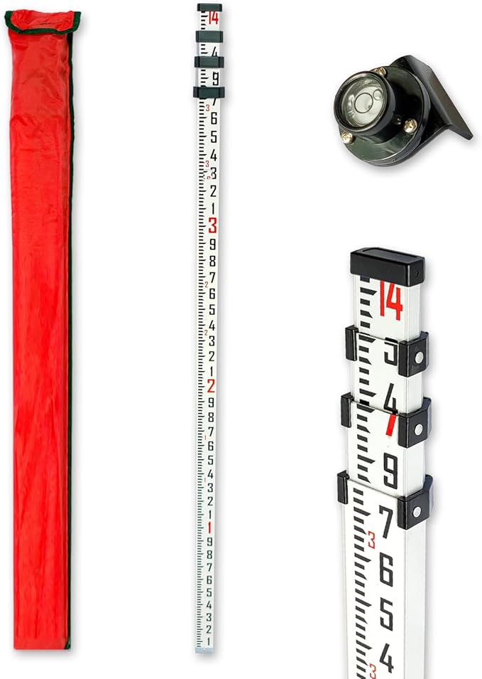 Survey Rod 14-Foot Aluminum Grade Rod - 10ths,Grade Rod,Grade Stick for Laser Level,Survey Rod，Grade Rods,Survey Pole,With Bubble Level, 4-Stage Telescopic,Double-Sided Scale Telescopic Leveling Rod