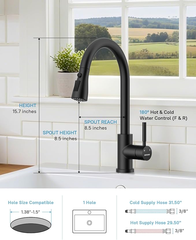WEWE Kitchen Faucets with Pull Down Sprayer, Stainless Steel Single Handle 1 Hole for Family Kitchen Commercial Camper Laundry Rv Bar, Matte Black
