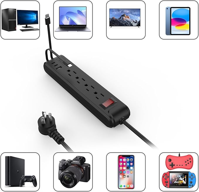 4-Outlet 6.5Ft Long Cord 2500W Power Strip Build-in Charging Cable and2 Type C (PD 23W) & USB (QC 3.0 5V3A) Fast Charging Ports Black