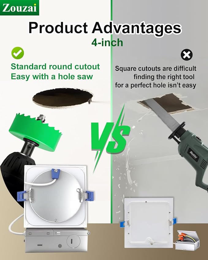zouzai Square Led Recessed Lighting,5CCT Ultra Thin Square Led Ceiling Light with Junction Box,CRI90,2700K-5000K Selectable,Dimmable Canless Downlight,ETL and Energy Star (White 【12 Pack】, 6 Inch)