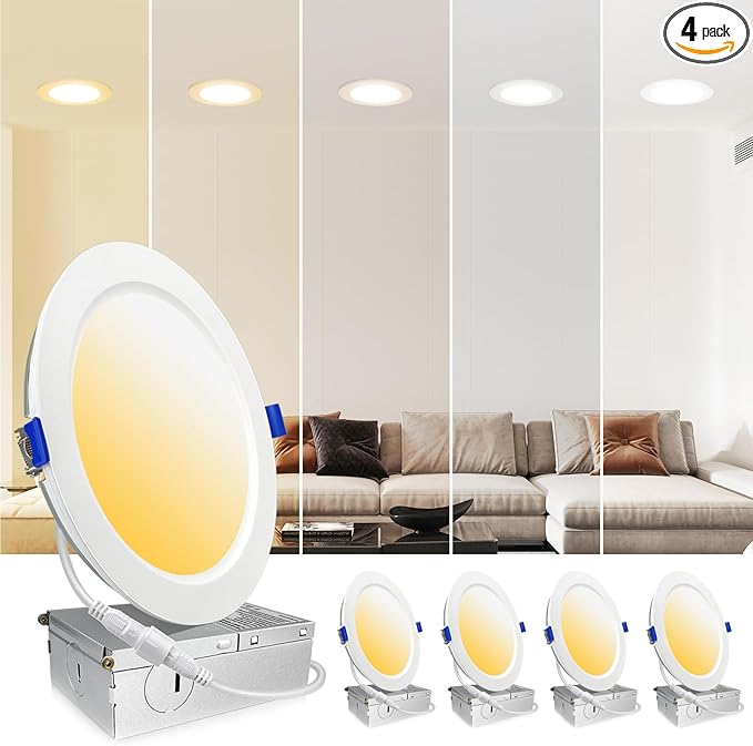 4 Pack LED Recessed Lighting 6 Inch, 16W MAX.2000LM Eqv.200W, 2700K/3000K/3500K/4000K/5000K Selectable, Dimmable Recessed Lights Wafer Downlight -ETL & Energy Star Certified