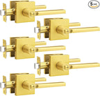 Probrico Gold Privacy Door Handle Lockset Heavy Duty Square Satin Brass Interior Door Lever for Bedroom or Bathroom Reversible Keyless Handleset Door Knob Slim Handed Levers, 5 Pack