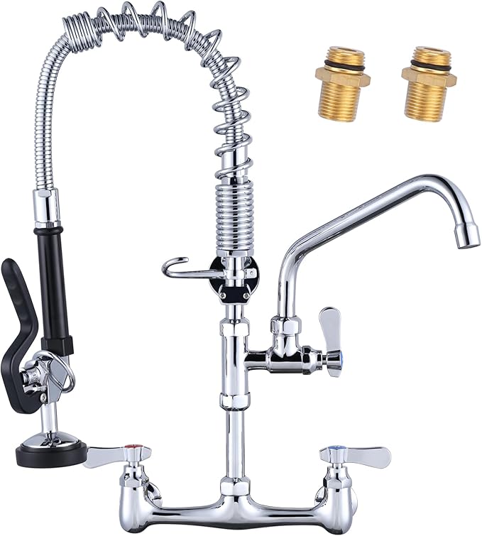 21" Height Commercial Faucet Wall Mount with Sprayer 8" Adjustable Center 9.6" Swing Spout, Kitchen Sink Faucets with Pull Down Pre-Rinse Sprayer for Restaurant Industrial Kitchen, Chrome
