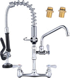 21" Height Commercial Faucet Wall Mount with Sprayer 8" Adjustable Center 9.6" Swing Spout, Kitchen Sink Faucets with Pull Down Pre-Rinse Sprayer for Restaurant Industrial Kitchen, Chrome