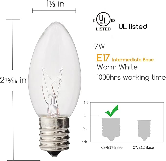 25 Pack C9 Replacement Light Bulbs, C9 Clear String Lights Repalcement Bulbs Fits in C9/E17 Intermediate Base, 7W Night Light Bulbs for Indoor Outdoor Christmas String Light Patio Holiday