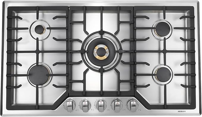 ROBAM 36" Gas Cooktop G515 with 5 Made in Italy Power Brass Burners, Built-in NG/LPG Convertible Gas Stove, Tri-Ring 20,000 BTUs Center Burner with Flame Failure Protection