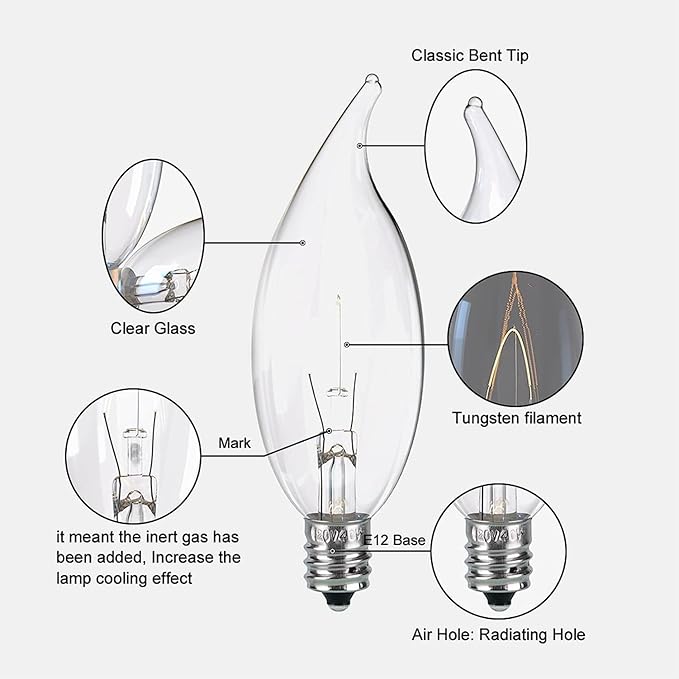 10-Pack E12 Base 60W B10 CTC Incandescent Clear Dimmable Light Bulbs Long-Lasting, Energy-Efficient, Transparent Candle Light Bulbs for Chandeliers, Ceiling Fans, Pendants, and Fireplaces