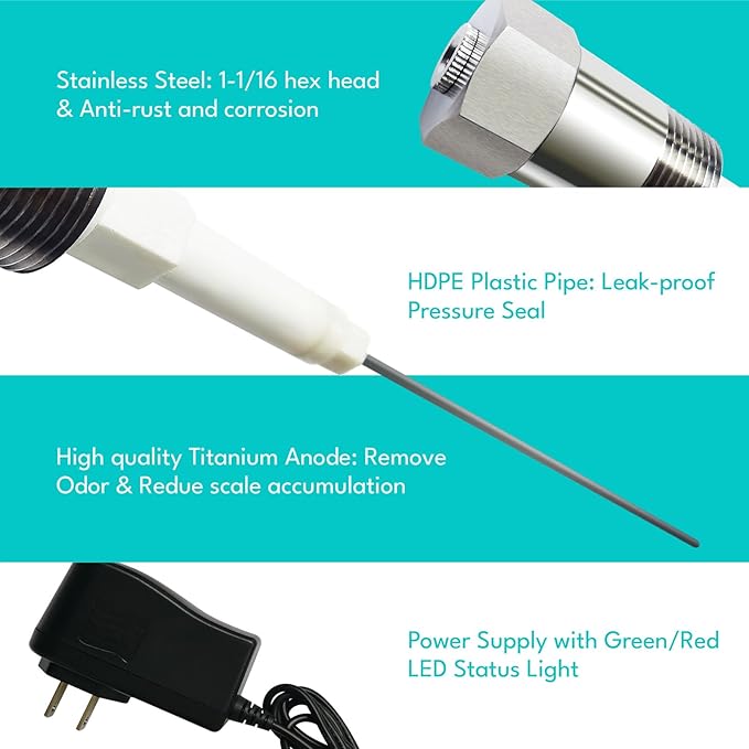 Powered Anode Rod for Water Heater Tank(10-89 Gallon Tank), Electric Anode Rod for Hot Water Heater, Electrical Anode Rod Made of Titanium, Eliminates Smell, Anti-Rust and Corrosion (Model A)