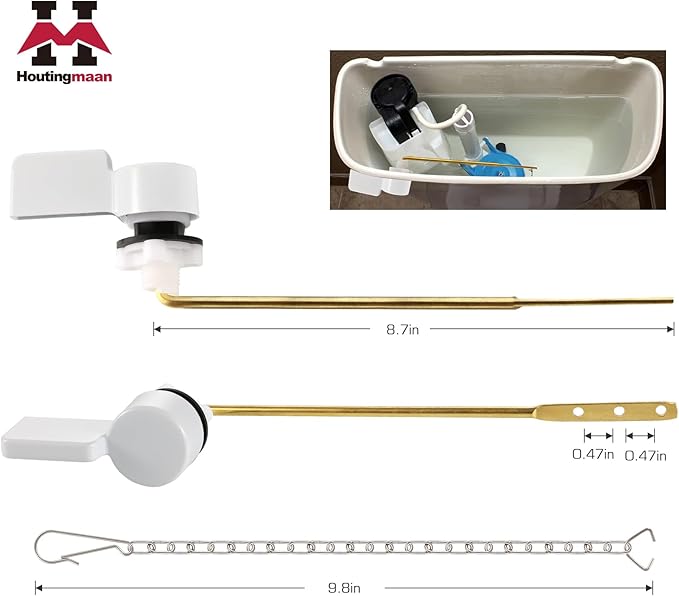 Houtingmaan Toilet Handle Replacement Kit,Toilet Handle Lever for Most Front Mount Toilets, Universal Brass Toliet Flush Handle Lever with Stainless Steel Flapper Chain,White