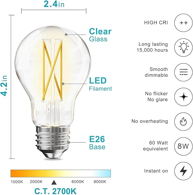 TJOY 12 Pack A19 Vintage LED Edison Bulbs, Dimmable, 60W Equivalent, High Brightness 2700K Warm White, 8W E26 Standard Base, 800 Lumens, CRI80+, Clear Glass Filament Bulb for Home, Farmhouse