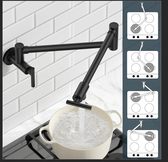 FORIOUS Black Pot Filler Faucet Over Stove, Solid Brass Modern Wall Mount Commercial Folding Faucet with Stretchable Double Joint Swing Arms for Kitchen Restaurant