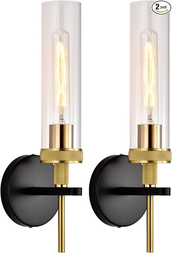 Black and Gold Bathroom Light Fixtures Over Mirror, Wall Sconces Set of 2 with Knurled Texture, Modern Industrial Vanity Lights with Clear Glass Tube Shade, Matte Black and Gold Wall Lamps for Bedroom