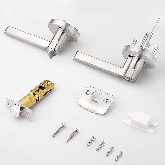 Probrico Satin Nickel Bedroom/Bathroom Door Levers, Flat Reversible Handles, Interior Privacy Door Lock (3 Pack)